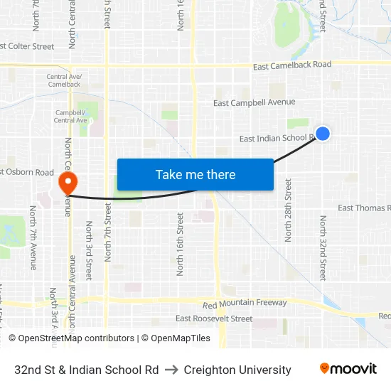 32nd St & Indian School Rd to Creighton University map