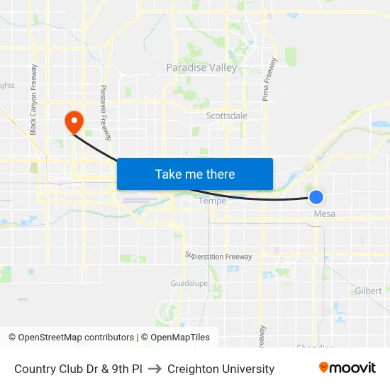 Country Club Dr & 9th Pl to Creighton University map