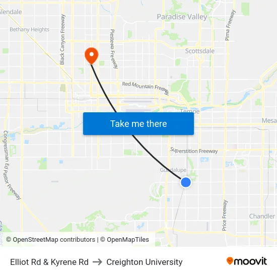 Elliot Rd & Kyrene Rd to Creighton University map