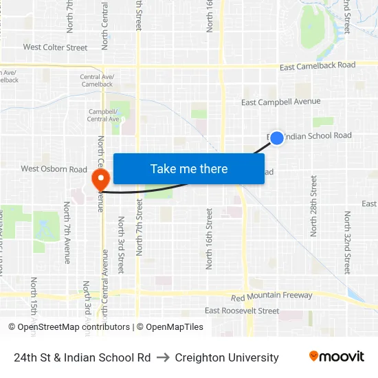 24th St & Indian School Rd to Creighton University map