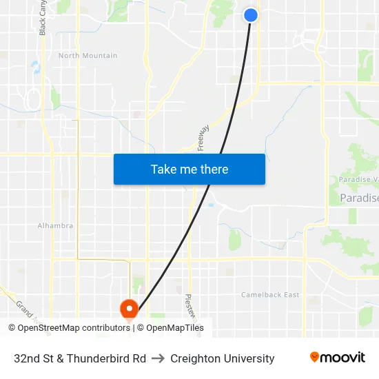 32nd St & Thunderbird Rd to Creighton University map