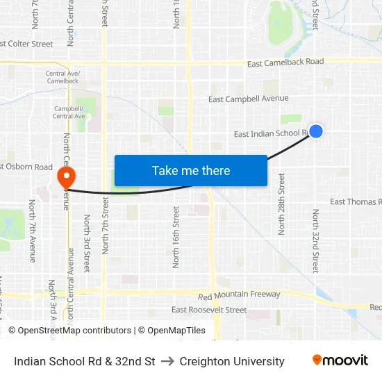 Indian School Rd & 32nd St to Creighton University map