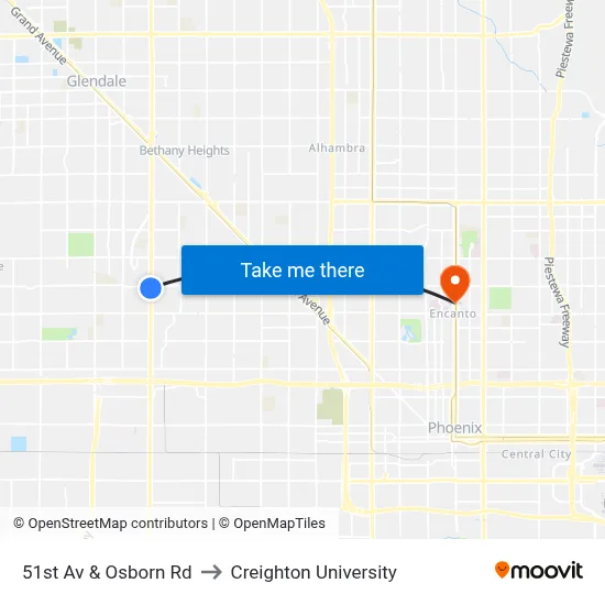 51st Av & Osborn Rd to Creighton University map