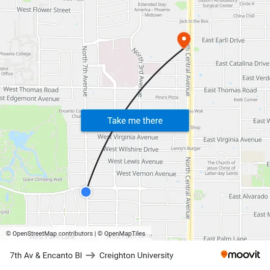 7th Av & Encanto Bl to Creighton University map