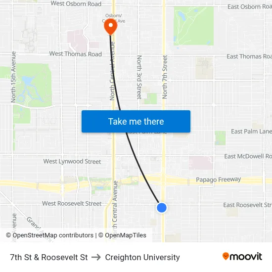 7th St & Roosevelt St to Creighton University map