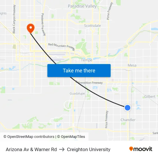 Arizona Av & Warner Rd to Creighton University map