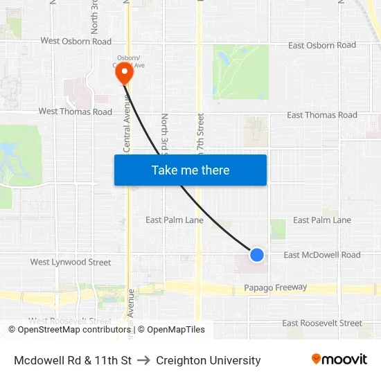 Mcdowell Rd & 11th St to Creighton University map