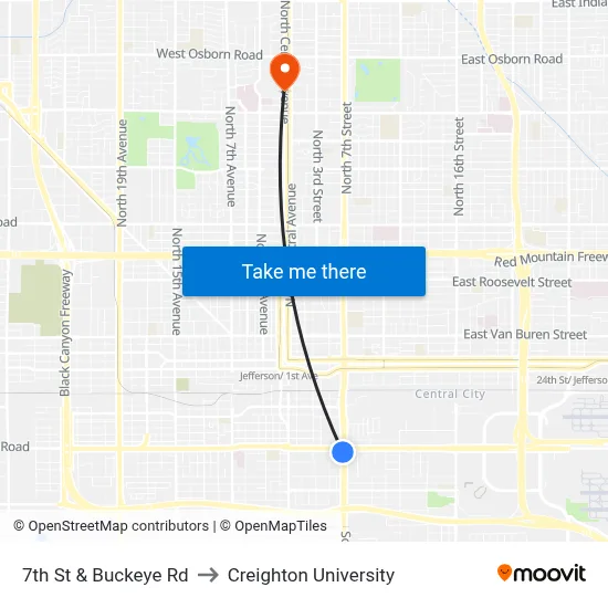 7th St & Buckeye Rd to Creighton University map