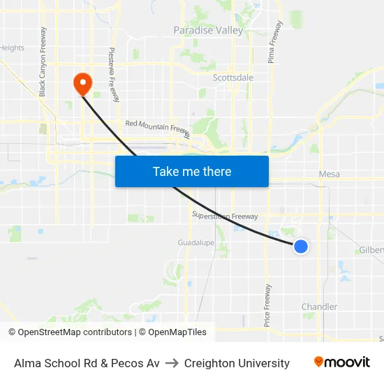 Alma School Rd & Pecos Av to Creighton University map
