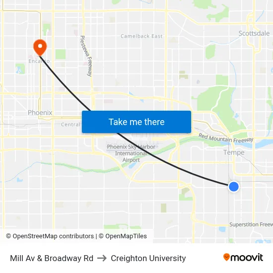 Mill Av & Broadway Rd to Creighton University map