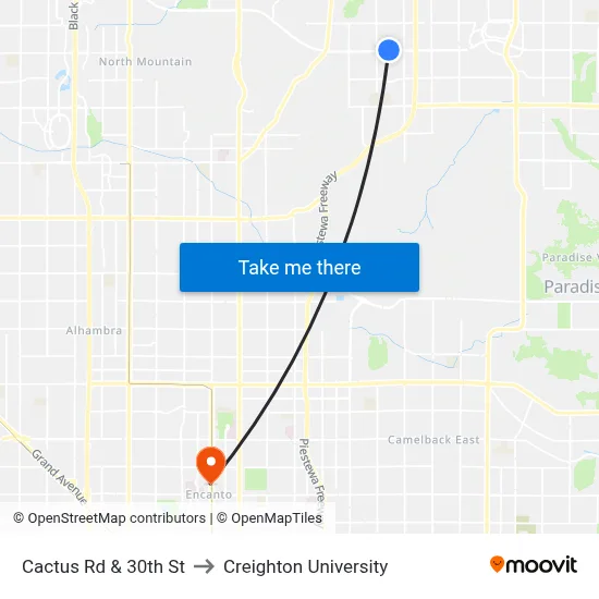 Cactus Rd & 30th St to Creighton University map