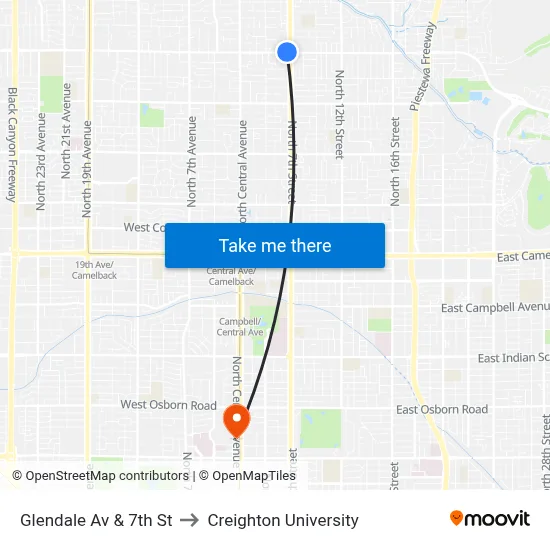 Glendale Av & 7th St to Creighton University map