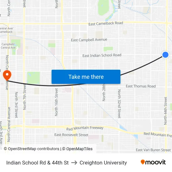 Indian School Rd & 44th St to Creighton University map