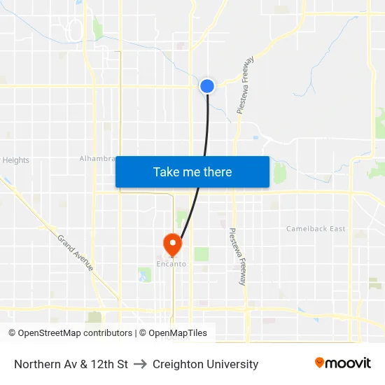 Northern Av & 12th St to Creighton University map
