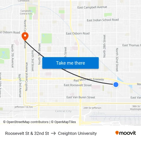 Roosevelt St & 32nd St to Creighton University map