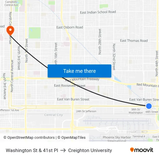 Washington St & 41st Pl to Creighton University map