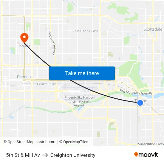 5th St & Mill Av to Creighton University map