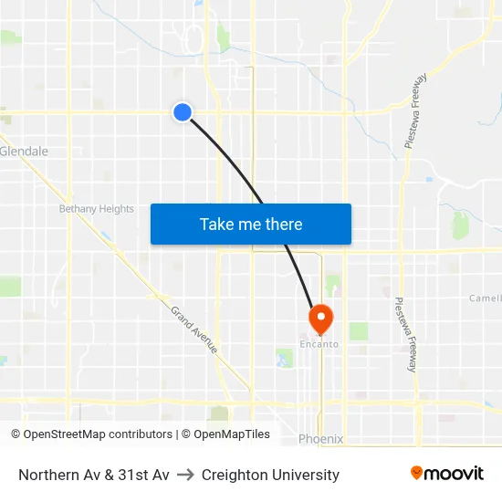 Northern Av & 31st Av to Creighton University map