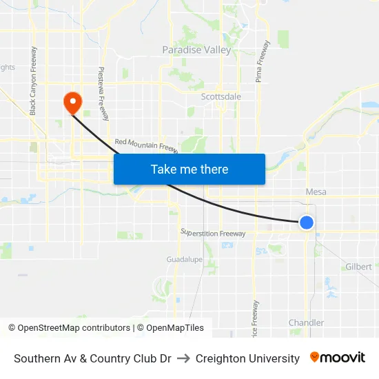 Southern Av & Country Club Dr to Creighton University map