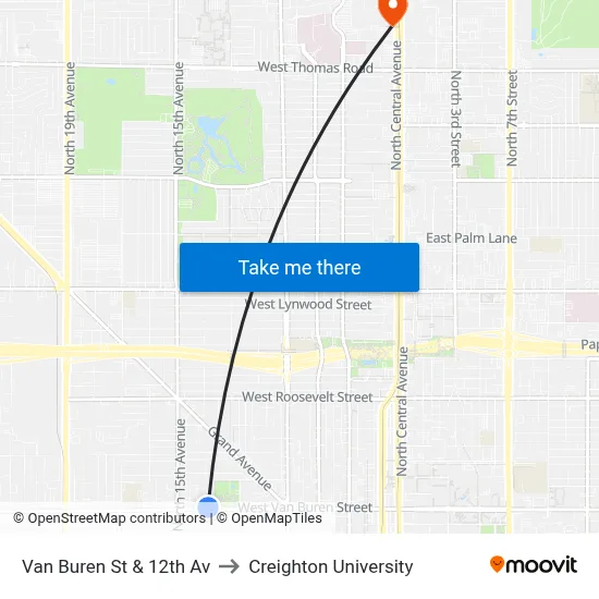 Van Buren St & 12th Av to Creighton University map