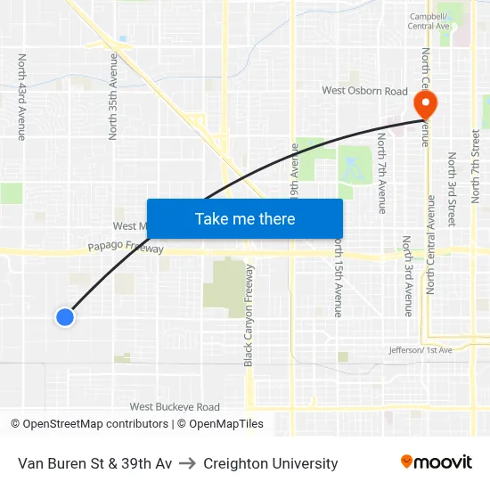 Van Buren St & 39th Av to Creighton University map
