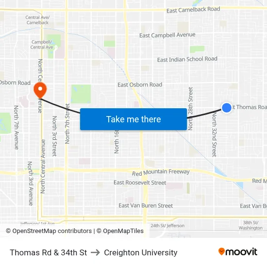 Thomas Rd & 34th St to Creighton University map
