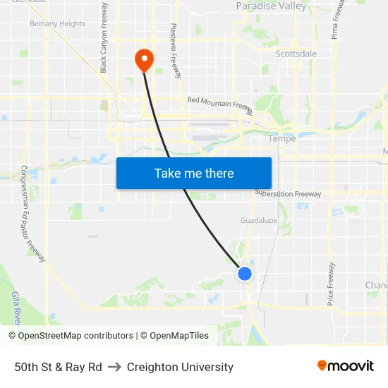 50th St & Ray Rd to Creighton University map