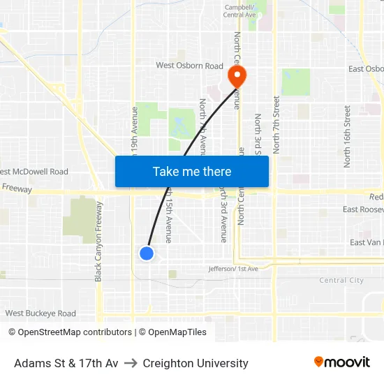 Adams St & 17th Av to Creighton University map