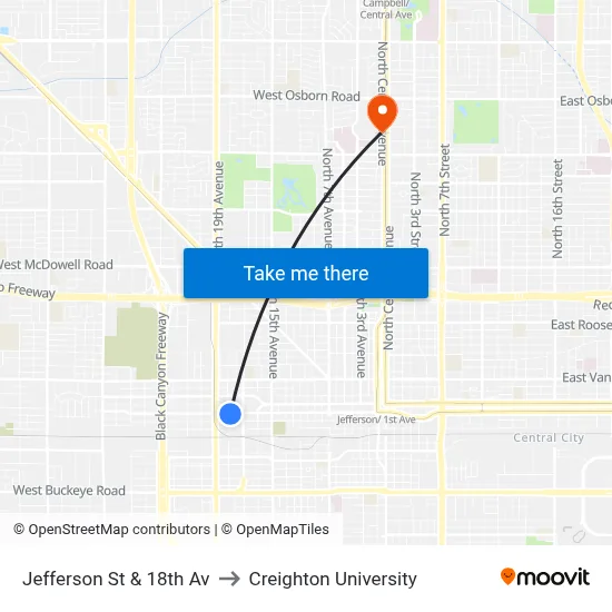 Jefferson St & 18th Av to Creighton University map