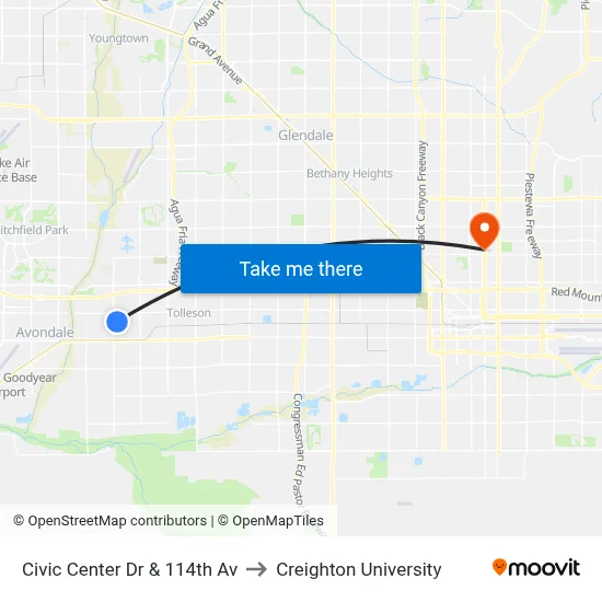 Civic Center Dr & 114th Av to Creighton University map