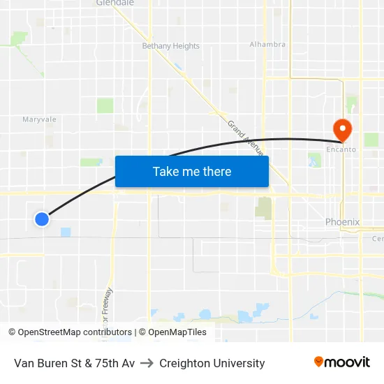 Van Buren St & 75th Av to Creighton University map
