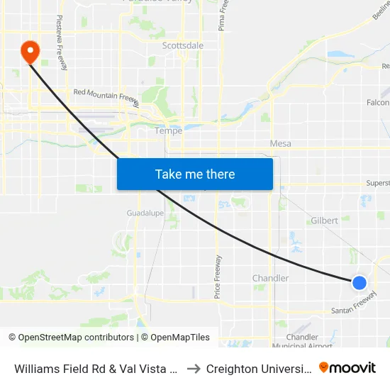 Williams Field Rd & Val Vista Dr to Creighton University map