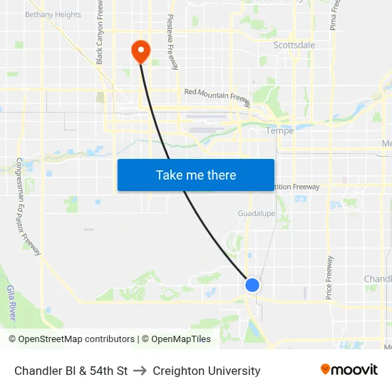 Chandler Bl & 54th St to Creighton University map