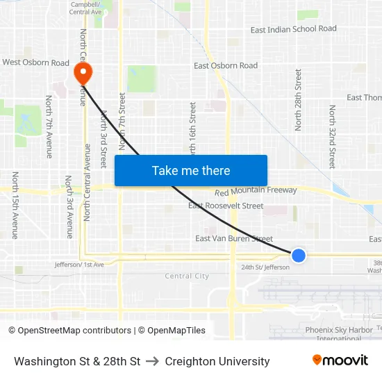 Washington St & 28th St to Creighton University map