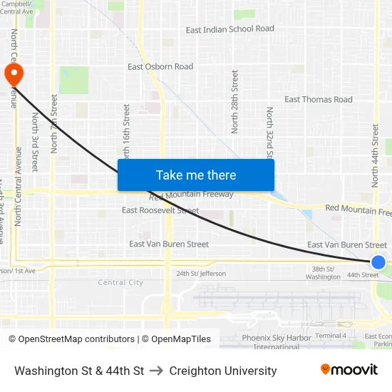 Washington St & 44th St to Creighton University map