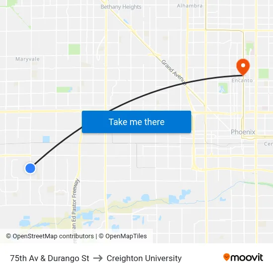75th Av & Durango St to Creighton University map