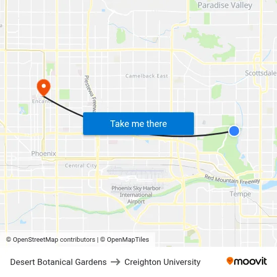 Desert Botanical Gardens to Creighton University map