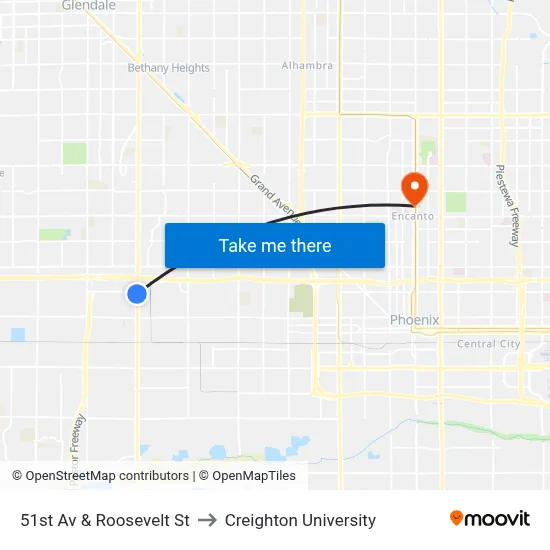 51st Av & Roosevelt St to Creighton University map