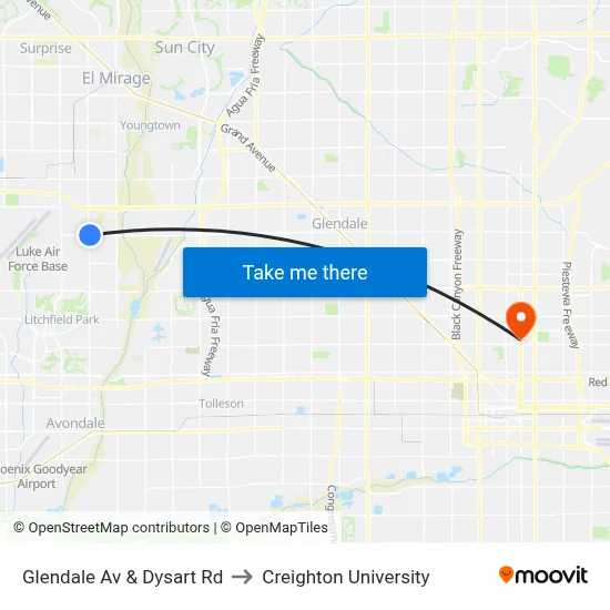 Glendale Av & Dysart Rd to Creighton University map