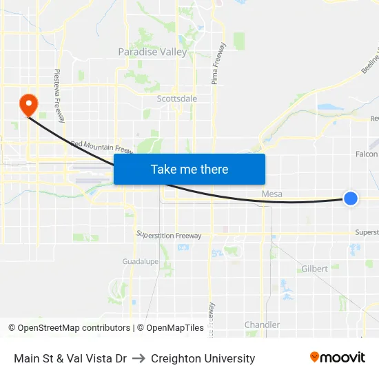Main St & Val Vista Dr to Creighton University map