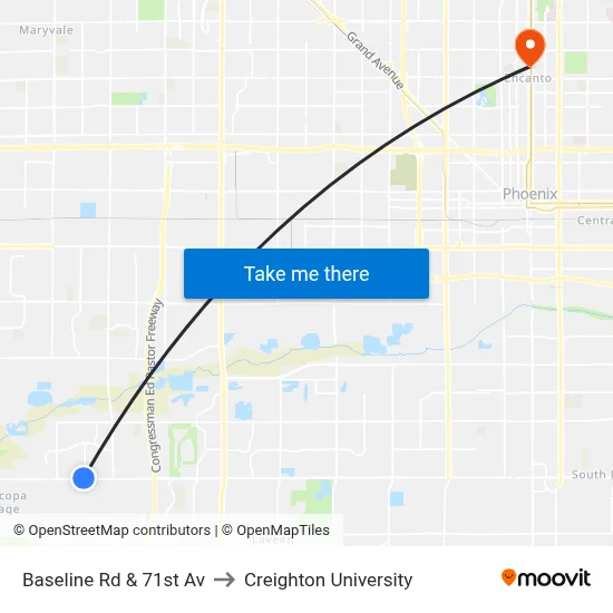 Baseline Rd & 71st Av to Creighton University map