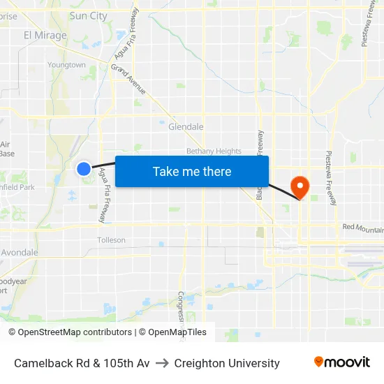 Camelback Rd & 105th Av to Creighton University map