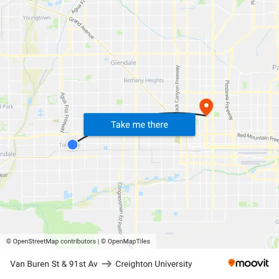 Van Buren St & 91st Av to Creighton University map