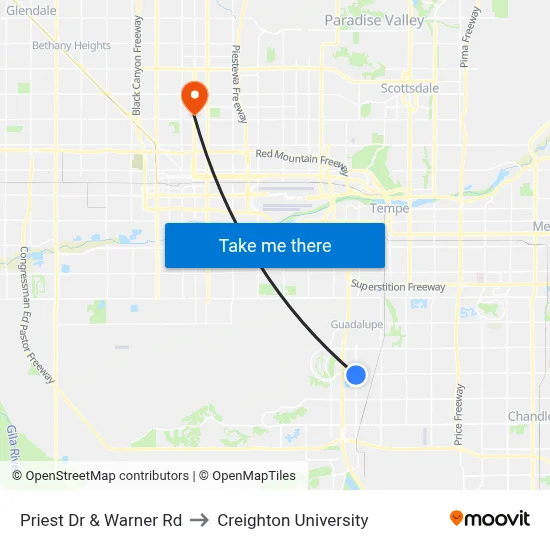 Priest Dr & Warner Rd to Creighton University map