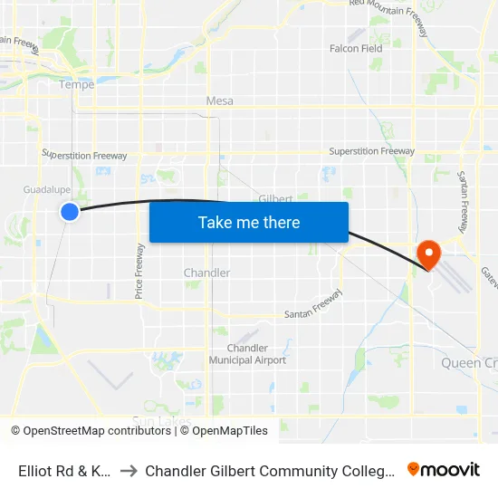 Elliot Rd & Kyrene Rd to Chandler Gilbert Community College - Williams Campus map