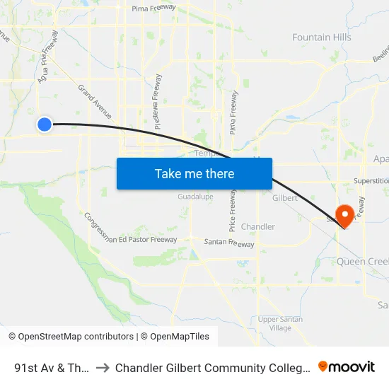 91st Av & Thomas Rd to Chandler Gilbert Community College - Williams Campus map