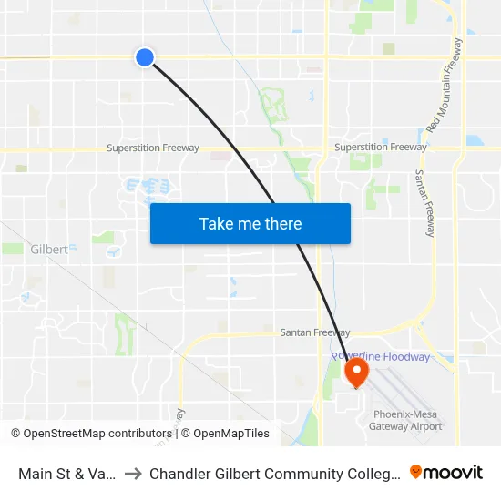 Main St & Val Vista Dr to Chandler Gilbert Community College - Williams Campus map