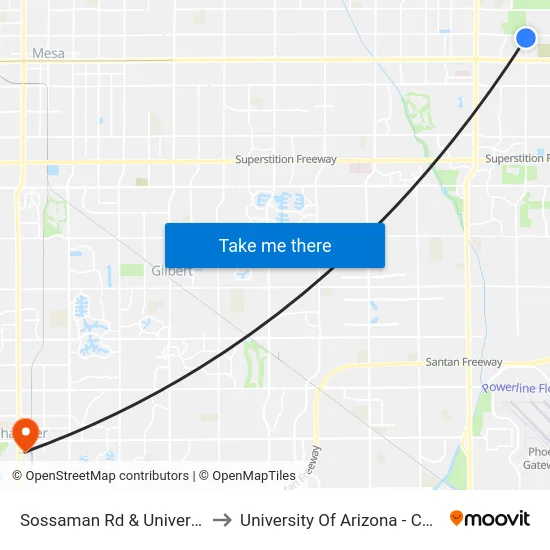 Sossaman Rd & University Dr to University Of Arizona - Chandler map