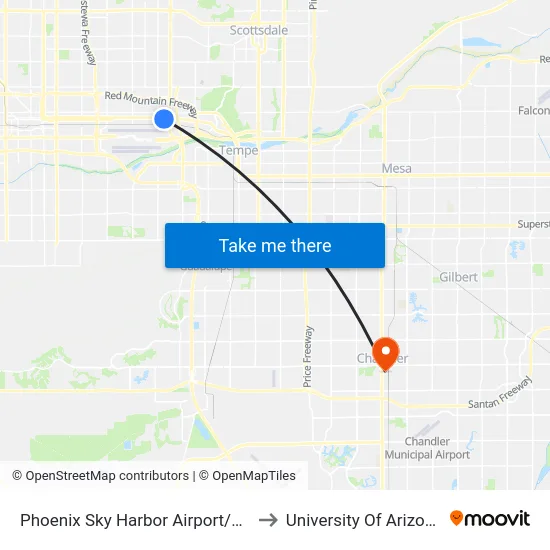 Phoenix Sky Harbor Airport/44th Street Station to University Of Arizona - Chandler map
