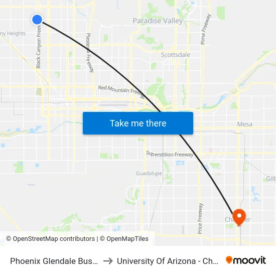Phoenix Glendale Bus Stop to University Of Arizona - Chandler map